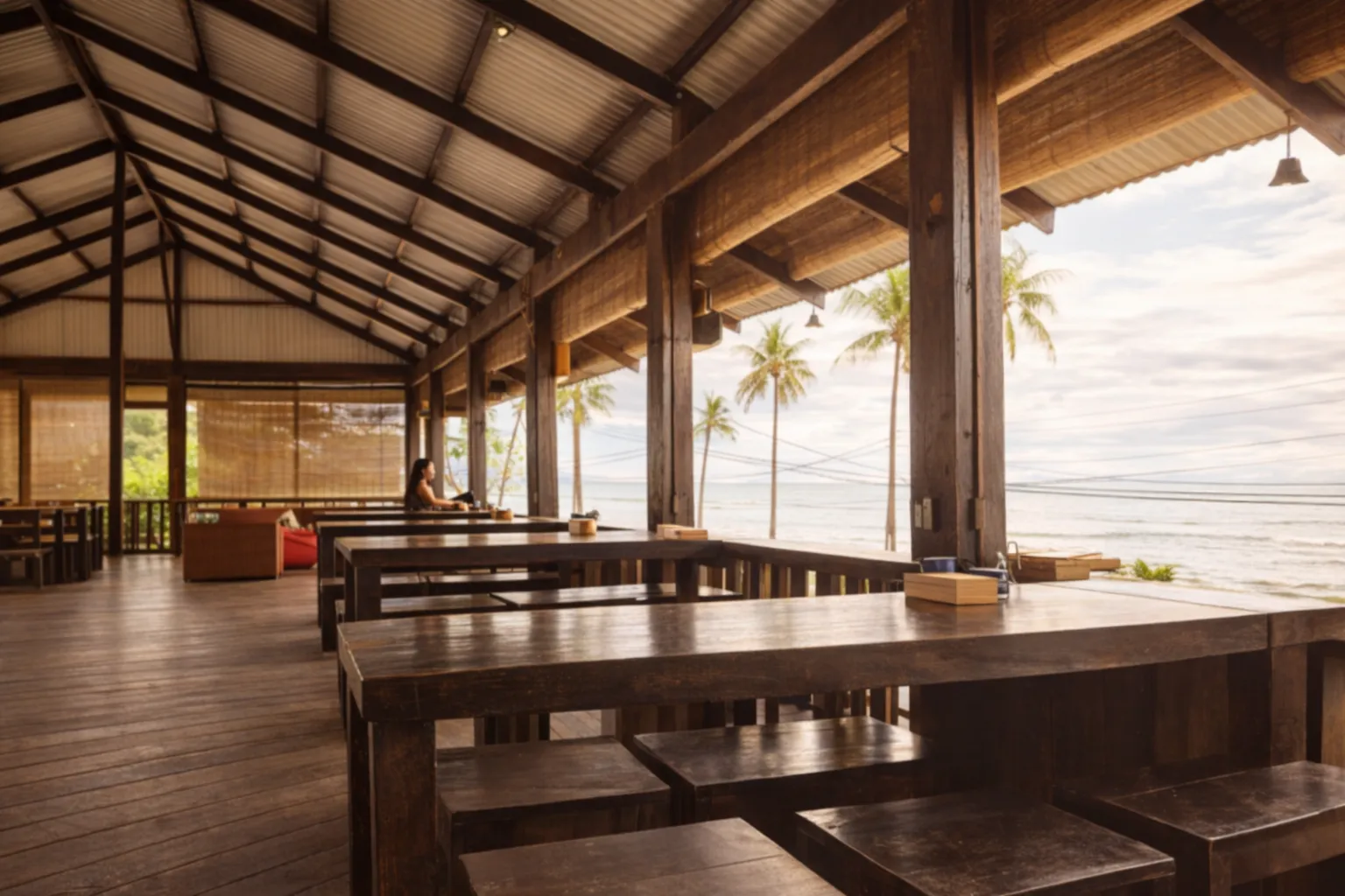 Oceanfront seating with palm trees at Sea Breeze Restaurant